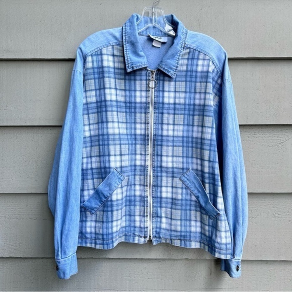 Vintage Judy's Denim Shirt Jacket Plaid 100% Cotton Made In USA Size Medium